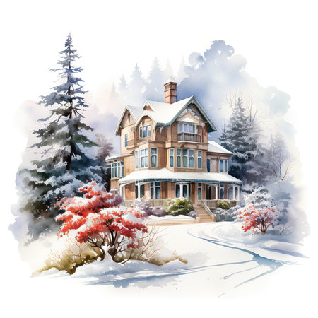 Winter landscape with a house in the snow. Watercolor illustration.の素材