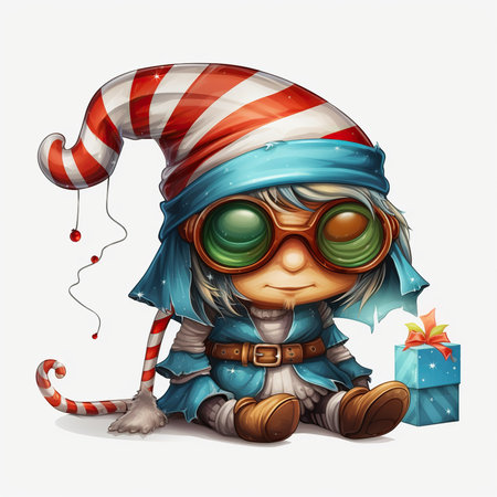 Cute cartoon gnome with a gift on a white background.の素材