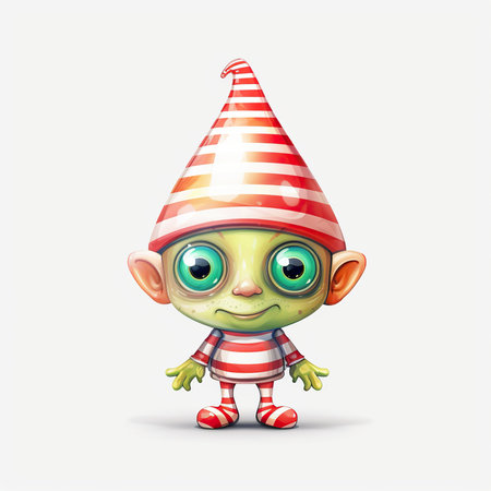 Cute cartoon green alien with party hat isolated on white background.の素材