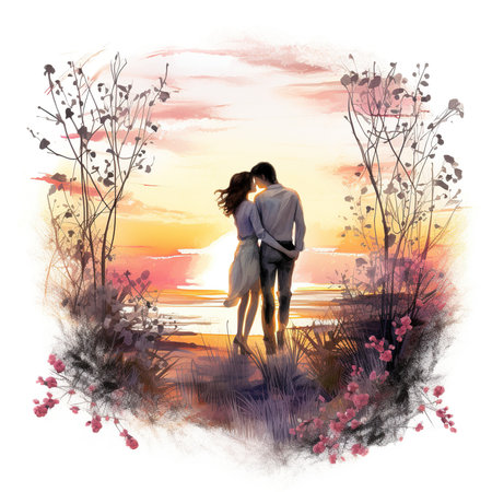 couple in love at sunset on the beach - illustration for childrenの素材