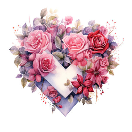 Watercolor heart-shaped greeting card with pink roses and red flowers.の素材