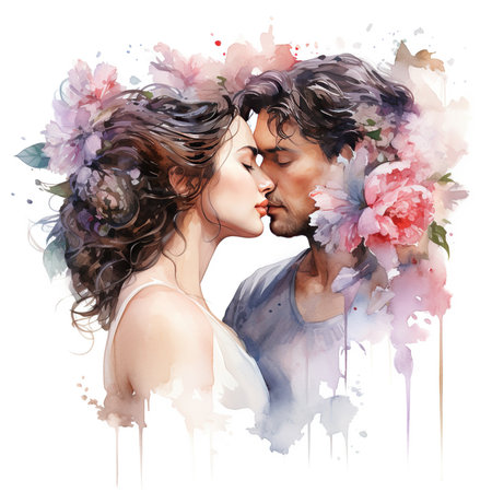 Portrait of a beautiful romantic couple in love. Digital watercolor painting.の素材