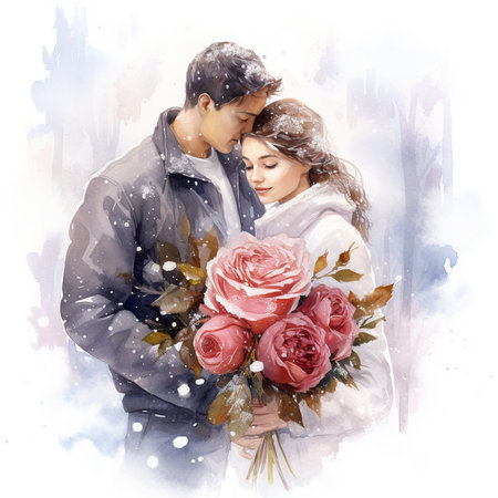 Watercolor portrait of a romantic couple in love holding a bouquet of red roses.の素材