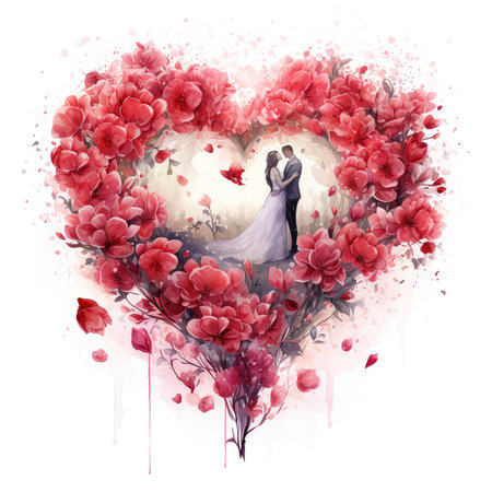 Watercolor illustration of a bride and groom in a heart of flowersの素材