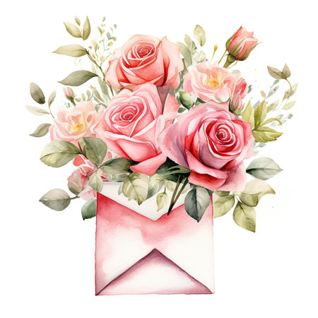 Bouquet of pink roses with envelope. Watercolor illustration.の素材