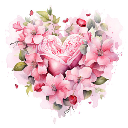 Beautiful floral heart-shaped composition with pink flowers and leaves.の素材