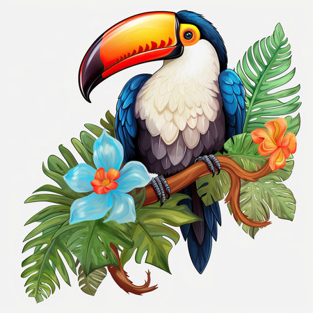 Tropical toucan sitting on branch with flowers and leaves illustrationの素材