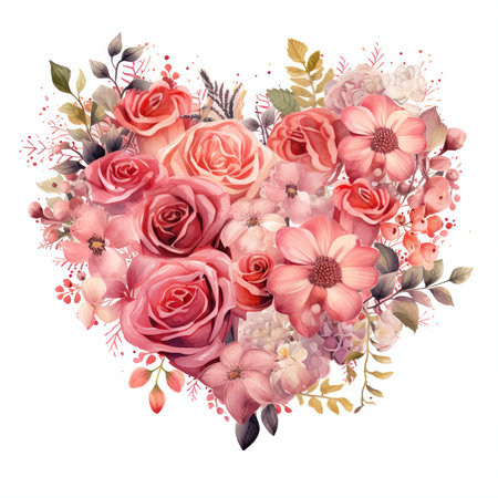 Beautiful vector watercolor valentine heart with flowers and leavesの素材