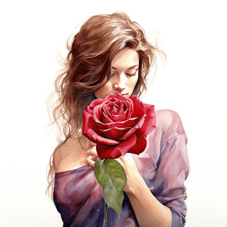 Beautiful young woman with red rose. Portrait of a girl with a flower.の素材