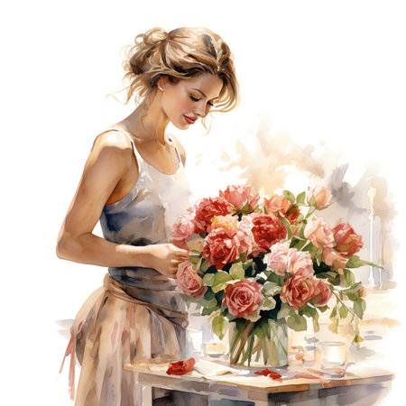 Beautiful young woman with bouquet of flowers. Watercolor paintingの素材
