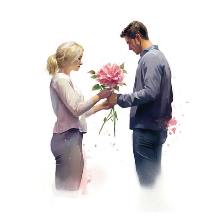 Illustration of a man giving a rose to a woman, isolated on white backgroundの素材
