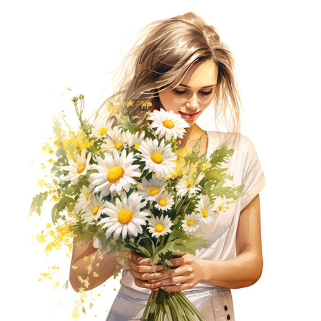 Beautiful young woman with a bouquet of daisies.の素材