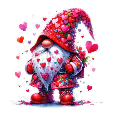 Garden gnome with hearts and flowers on a white background.の素材