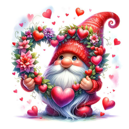 Cute cartoon gnome with a wreath of flowers and hearts.の素材