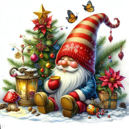 Christmas greeting card with Santa Claus, gifts and christmas tree.の素材