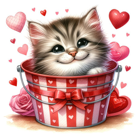 Cute kitten in a bucket with hearts and gift box - illustration for childrenの素材