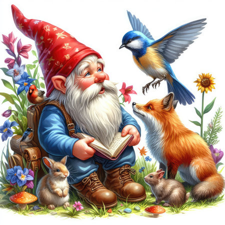 cartoon scene with dwarf in the forest with animals illustration for childrenの素材