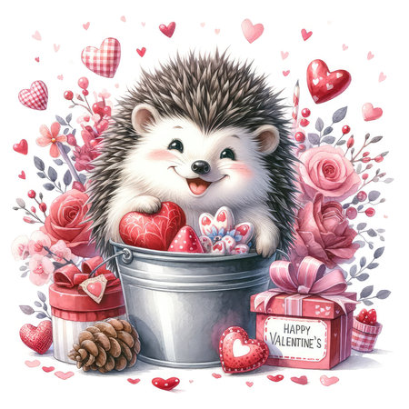 Valentines day greeting card with cute hedgehog, hearts and gifts.の素材
