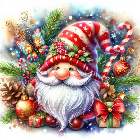 Christmas greeting card with Santa Claus and Christmas decorations. Vector illustration.の素材