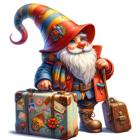 Cartoon gnome with a suitcase. Isolated on white background.の素材
