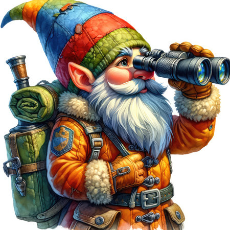 Cartoon funny gnome with binoculars and travel bag.の素材