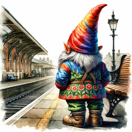 Funny gnome in the train station. Watercolor illustration.の素材