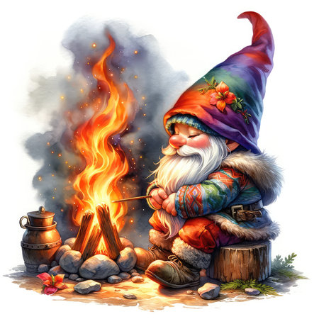 Funny gnome sitting near the campfire, sketch vector illustrationの素材