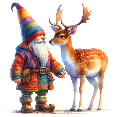 Funny dwarf and deer isolated on white background. Watercolor illustrationの素材