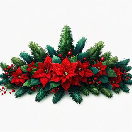 Christmas wreath with poinsettia and fir branches. Vector illustration.の素材