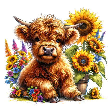 Cute cow with sunflowers and sunflowers isolated on white backgroundの素材