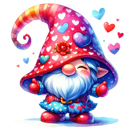 Cute gnome with hearts. Watercolor illustration on white background.の素材