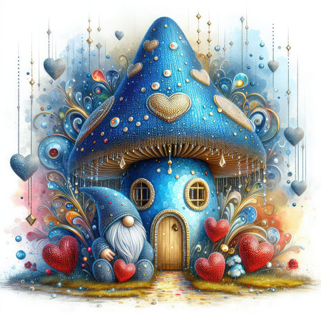 Fairy tale house with magic mushrooms and hearts. Fairytale illustration.の素材