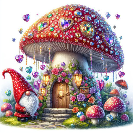 Fantasy magic mushroom house with gnome and elf on white backgroundの素材