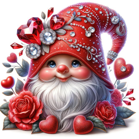 Christmas gnome with red hearts and flowers. 3d illustration.の素材