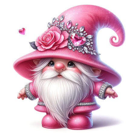 Cute cartoon gnome in a pink hat with a rose.の素材