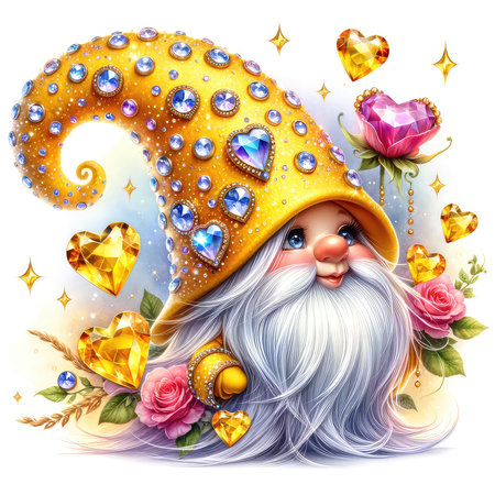Cute cartoon dwarf with colorful gems and heart. Vector illustration.の素材