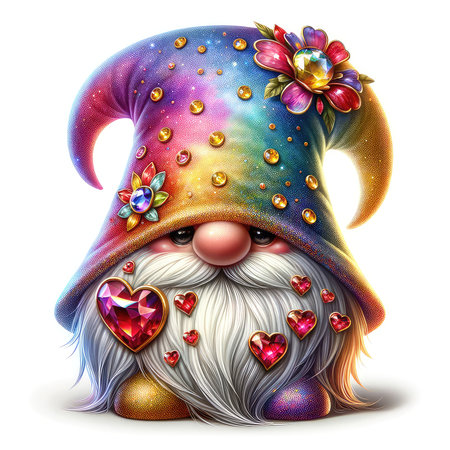 Greeting card with a cute gnome with hearts and flowersの素材