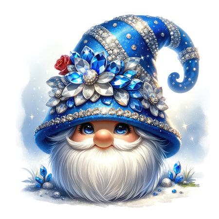Cute cartoon santa claus in a blue hat with a flower on a white backgroundの素材