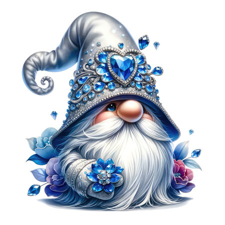 Fairytale gnome with magic wand and blue flowers. Cartoon character.の素材