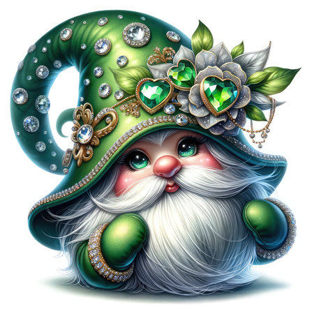 Cute cartoon gnome with green fur coat and blue eyes.の素材