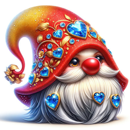 Cute cartoon gnome with red hat and blue heart. Christmas and New Year theme.の素材