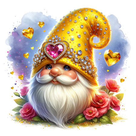 Greeting card with cute gnome in a golden crown on a background of heartsの素材