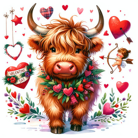 Valentine's day greeting card. Cute cartoon bull in love with flowers, hearts and ribbon.の素材
