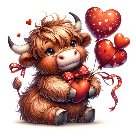 Cute cartoon bull with red heart shaped balloons. Vector illustration.の素材