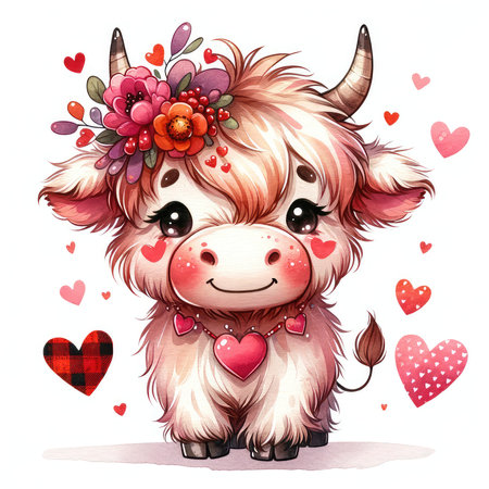 Cute cartoon cow with flower wreath and hearts. Vector illustration.の素材