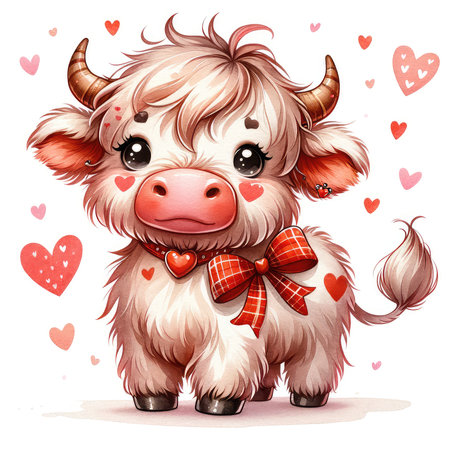 Cute cartoon cow with red bow and hearts. Vector illustration.の素材