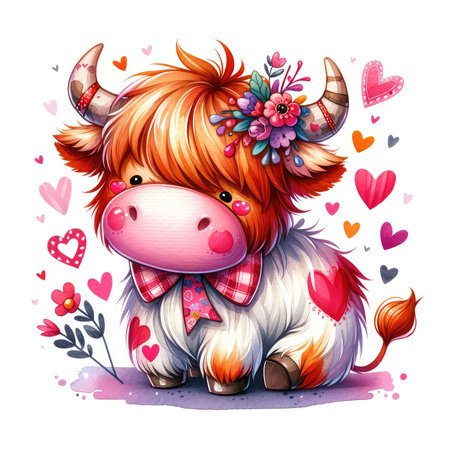 Cute cartoon cow with flowers and hearts. Watercolor illustration.の素材