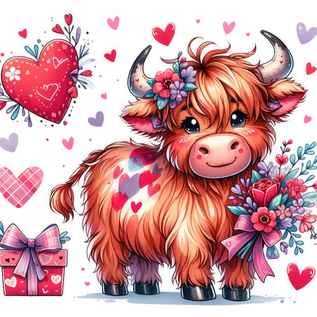 Valentine's day greeting card with cute cartoon bull. Vector illustration.の素材