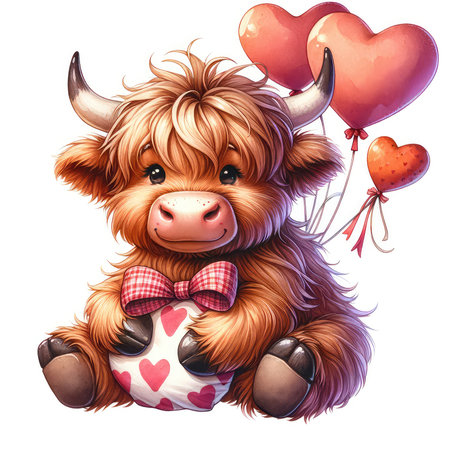 Cute cartoon bull with heart shaped balloons isolated on white background.の素材
