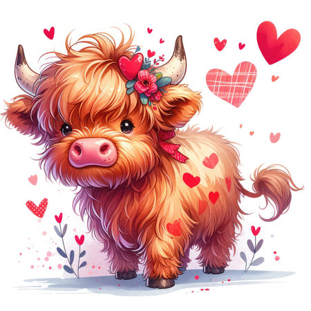 Cute cartoon highland cow with heart. Vector illustration for your design.の素材